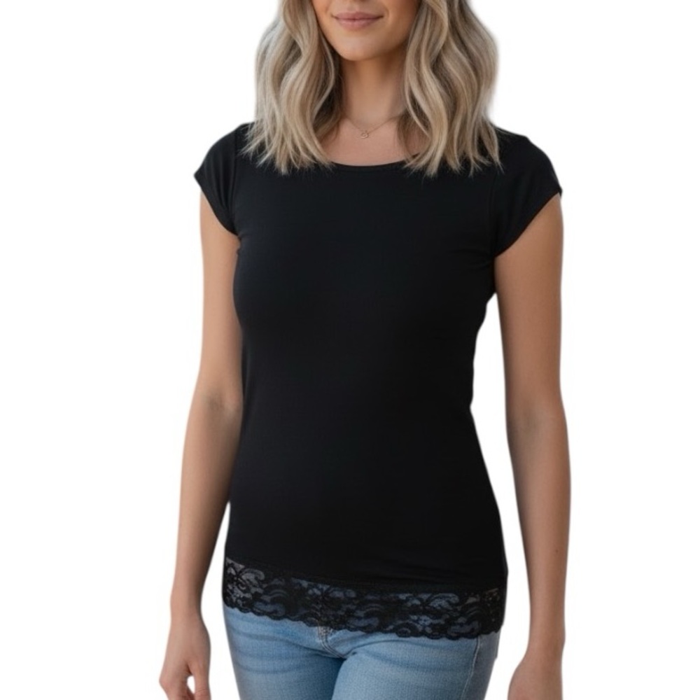 Downeast Basics Large Black Cap Sleeve Lace Bottom Y2k Balletcore